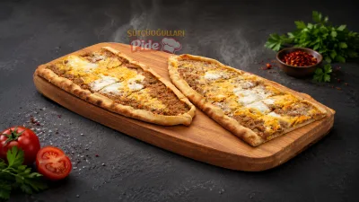 Çıtır hamur üzerinde kıymalı yumurtalı pide